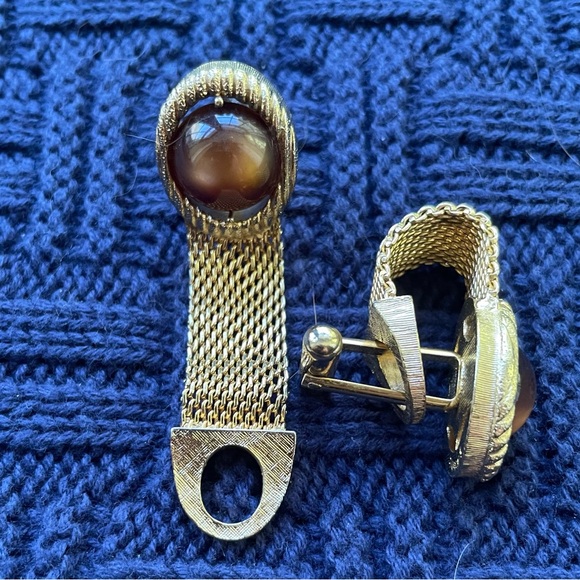 Vintage SWANK MESH WRAP CUFFLINKS & TIE BAR SET With Tigers Eye Stone - Picture 6 of 7